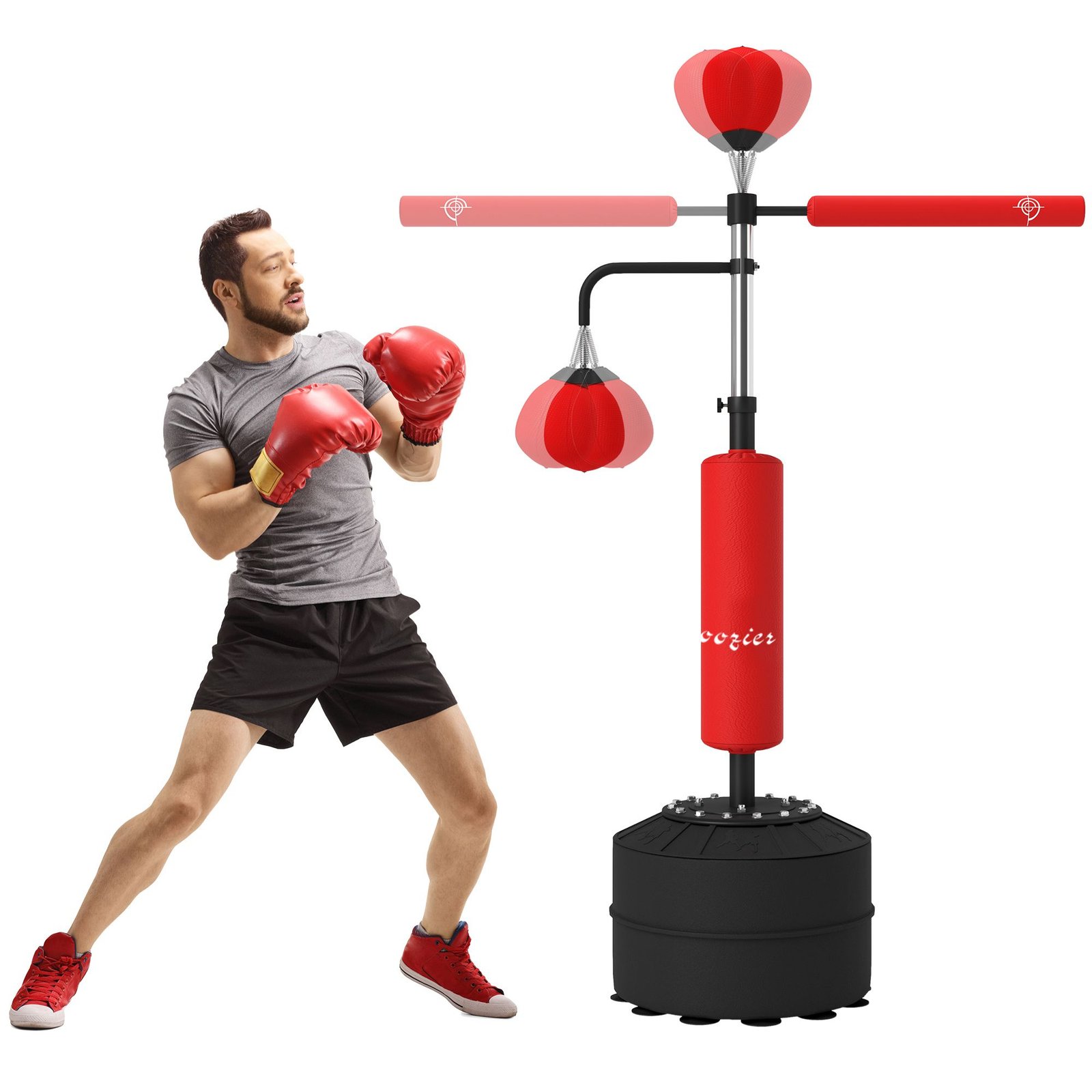 4-in-1 Boxing Punching Bag Stand with 2 Speedballs, 360° Relax Bar, & PU-Wrapped Bag & Adjustable Height, Red - Image 11