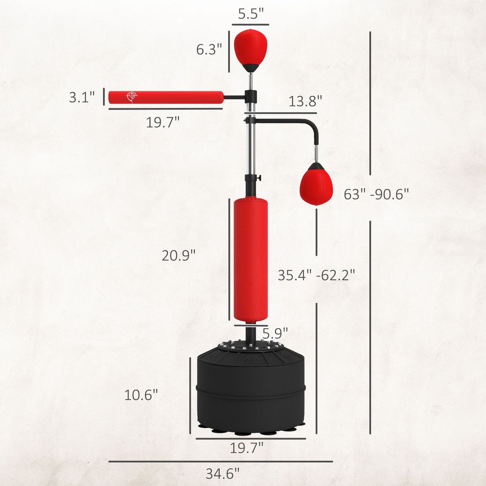 4-in-1 Boxing Punching Bag Stand with 2 Speedballs, 360° Relax Bar, & PU-Wrapped Bag & Adjustable Height, Red - Image 3