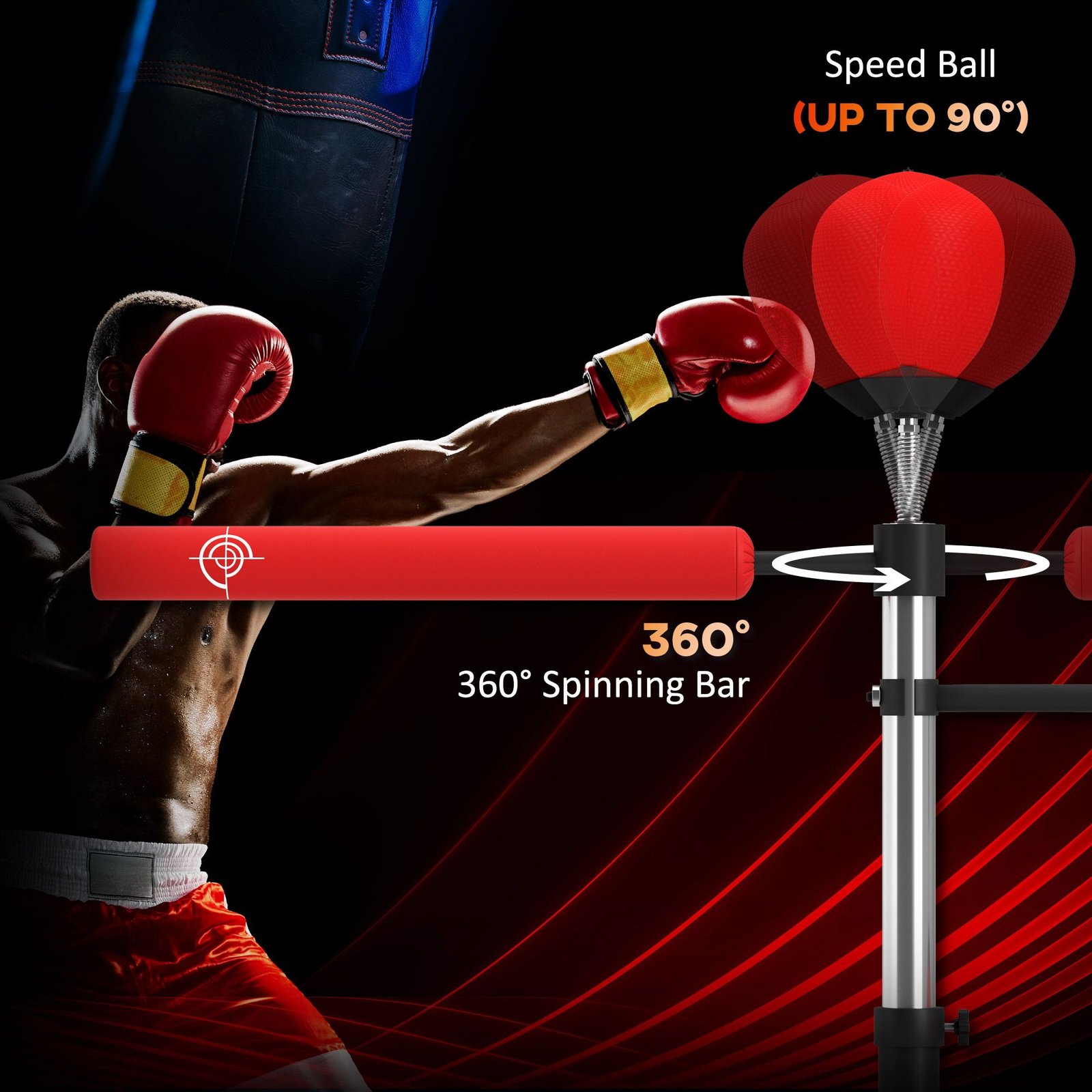 4-in-1 Boxing Punching Bag Stand with 2 Speedballs, 360° Relax Bar, & PU-Wrapped Bag & Adjustable Height, Red - Image 4