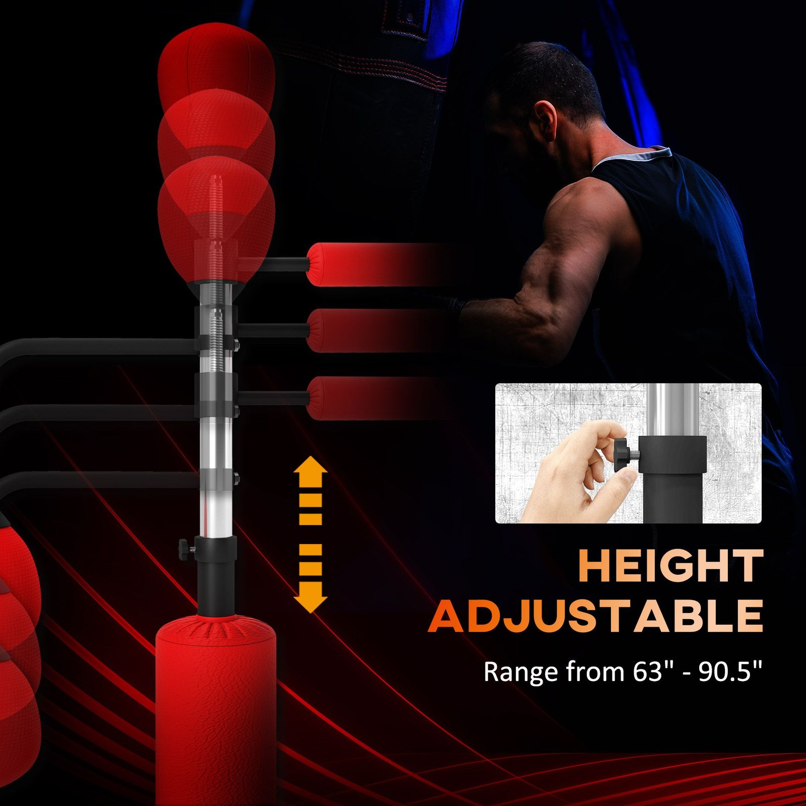 4-in-1 Boxing Punching Bag Stand with 2 Speedballs, 360° Relax Bar, & PU-Wrapped Bag & Adjustable Height, Red - Image 5