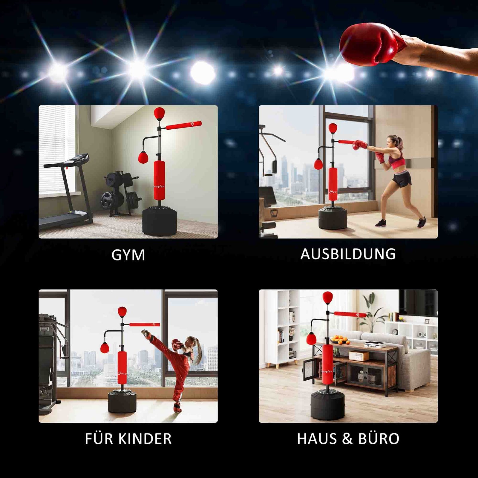 4-in-1 Boxing Punching Bag Stand with 2 Speedballs, 360° Relax Bar, & PU-Wrapped Bag & Adjustable Height, Red - Image 7