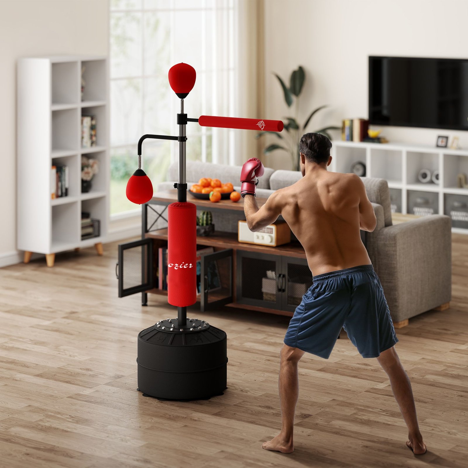 4-in-1 Boxing Punching Bag Stand with 2 Speedballs, 360° Relax Bar, & PU-Wrapped Bag & Adjustable Height, Red - Image 10