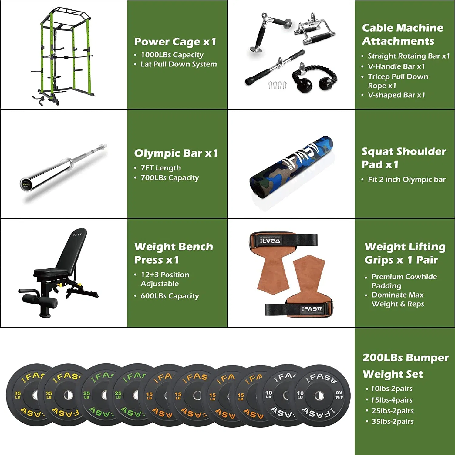 200lb Green Home Gym Set Multi-functional Power Cage, Home Adjustable Pullup Squat Rack 1000Lbs Capacity Comprehensive Fitness Barbell Rack - Image 2