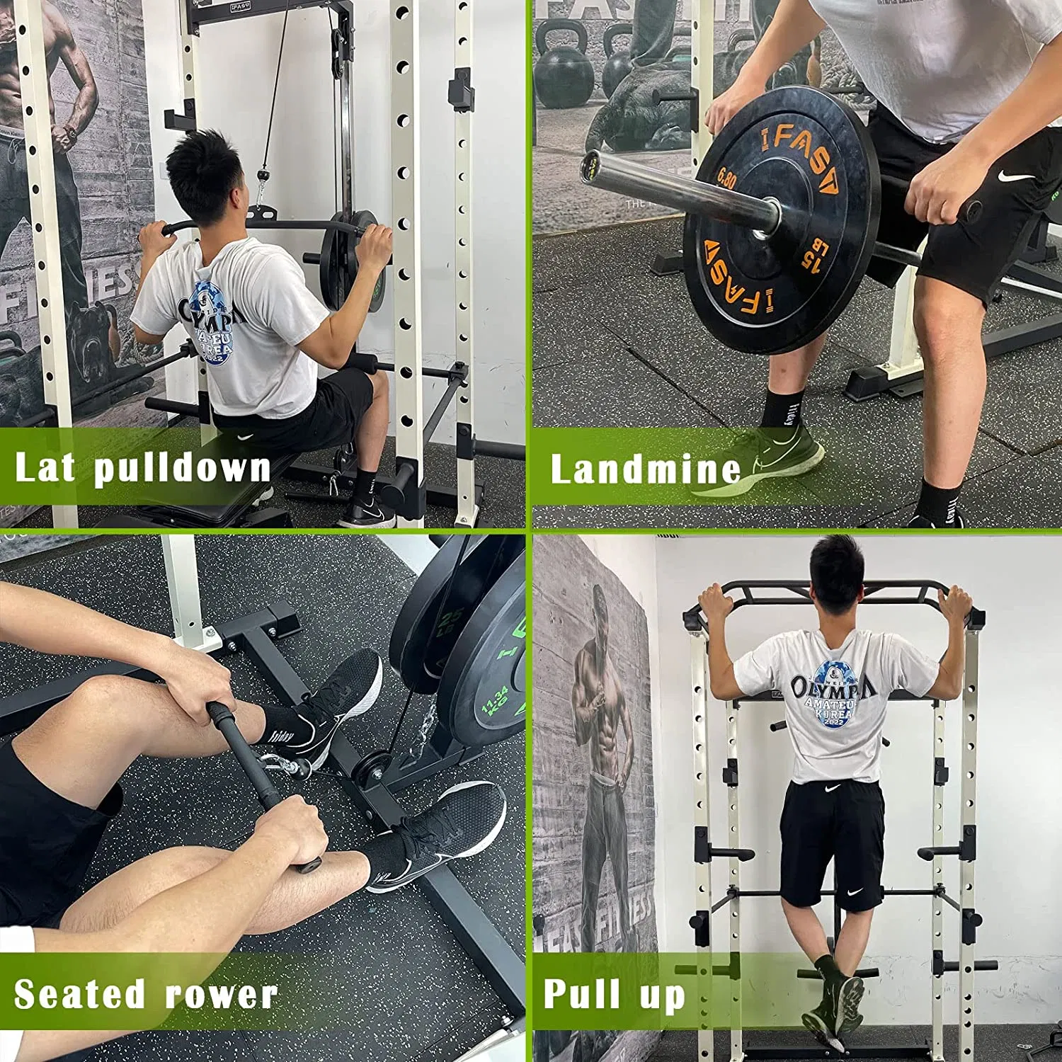 200lb Green Home Gym Set Multi-functional Power Cage, Home Adjustable Pullup Squat Rack 1000Lbs Capacity Comprehensive Fitness Barbell Rack - Image 16