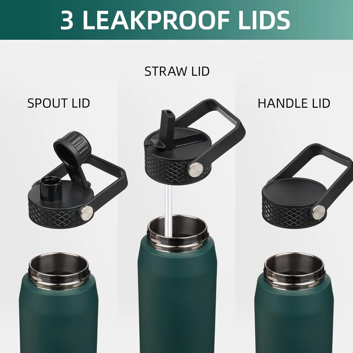 20oz Insulated Stainless Steel Water Bottle with 3 Lids, Leakproof BPA-Free Bottle with Straw Lid, Sip Lid and Flex Cap for Gym, Travel, School, Office, Green - Image 3