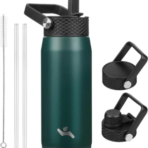 20oz Insulated Stainless Steel Water Bottle with 3 Lids, Leakproof BPA-Free Bottle with Straw Lid, Sip Lid and Flex Cap for Gym, Travel, School, Office, Green