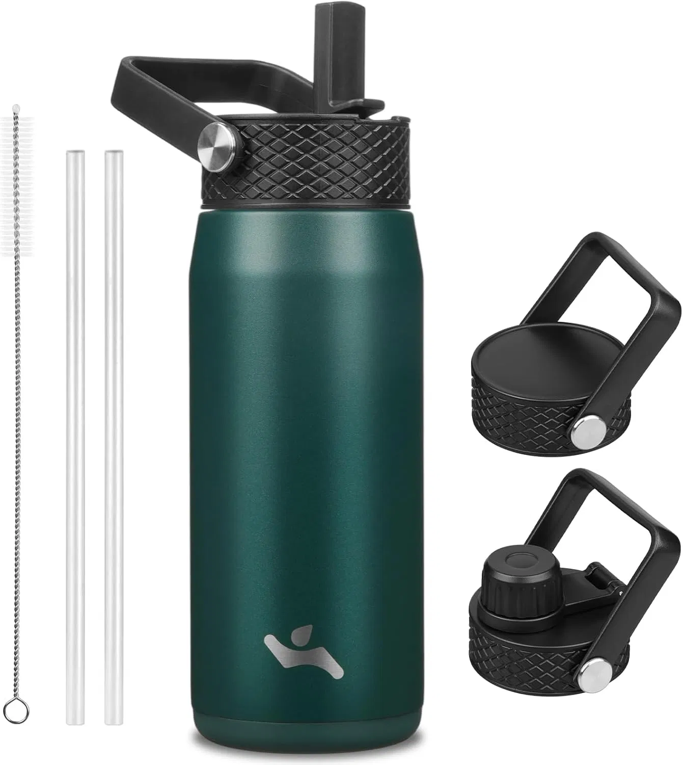 20oz Insulated Stainless Steel Water Bottle with 3 Lids, Leakproof BPA-Free Bottle with Straw Lid, Sip Lid and Flex Cap for Gym, Travel, School, Office, Green