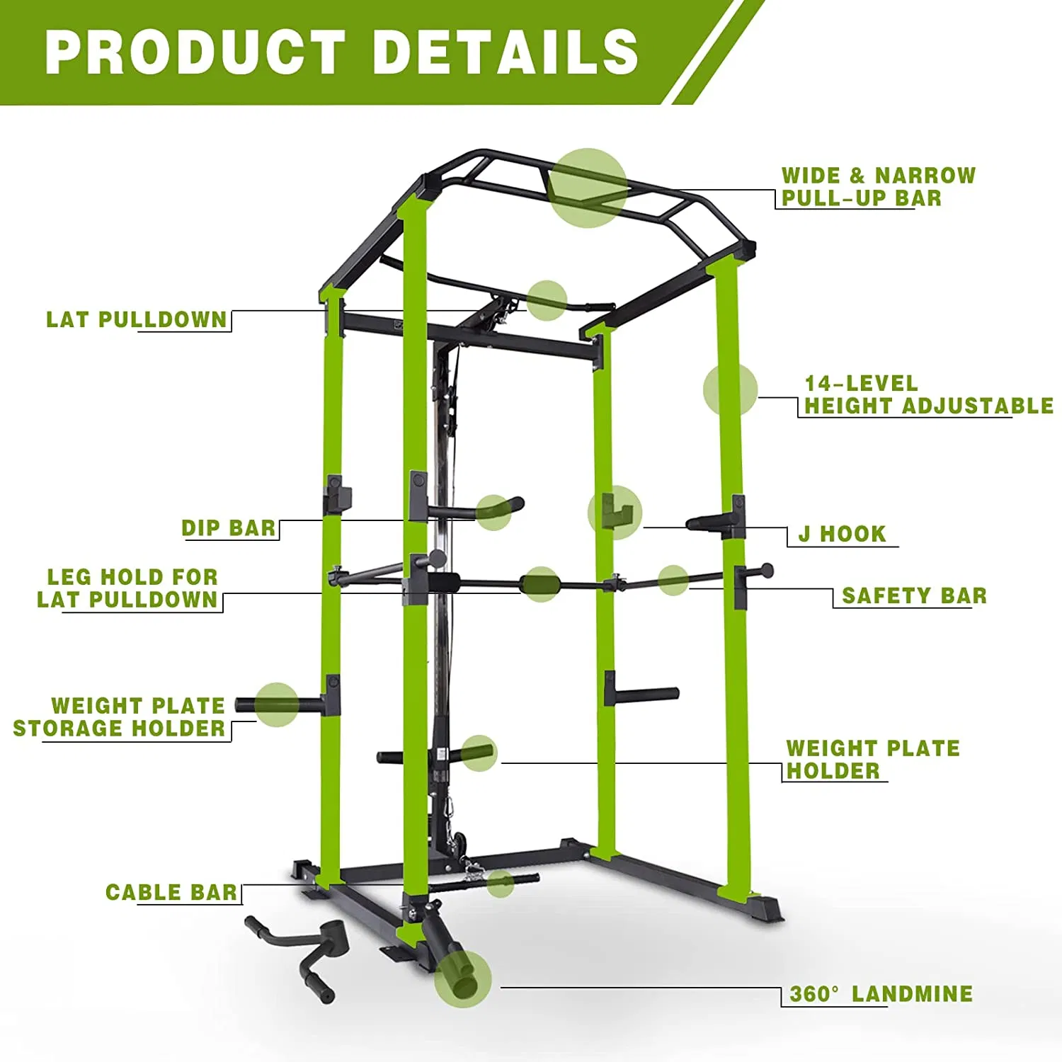 210lb Green Home Gym Set Multi-functional Power Cage, Home Adjustable Pullup Squat Rack 1000Lbs Capacity Comprehensive Fitness Barbell Rack - Image 14