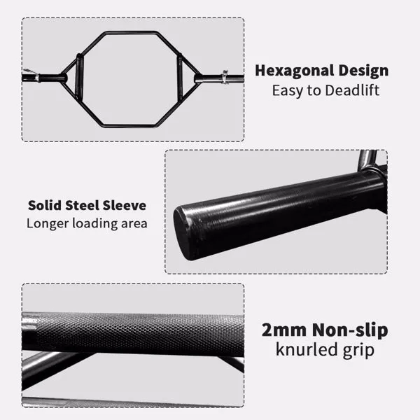 Black Olympic Hex Bar Solid Steel Sleeve 1000lbs Weight Capacity Trap Bar Deadlift Bar with Knurled Handles, for Bodybuilding Training, Squats, Deadlifts, Shrugs Power Pulls, - Image 7