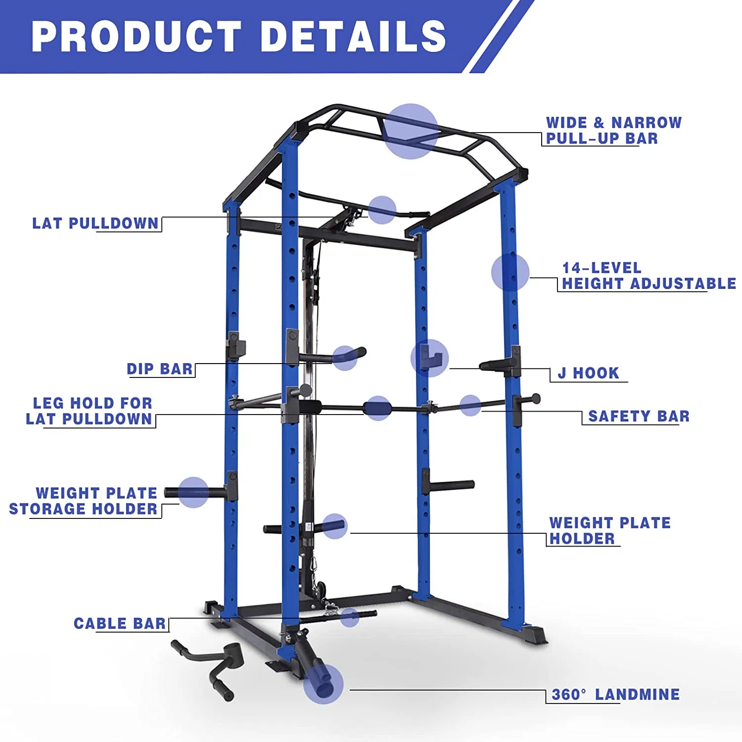 Blue Multi-functional Power Cage, Home Adjustable Pullup Squat Rack 1000Lbs Capacity Comprehensive Fitness Barbell Rack - Image 3