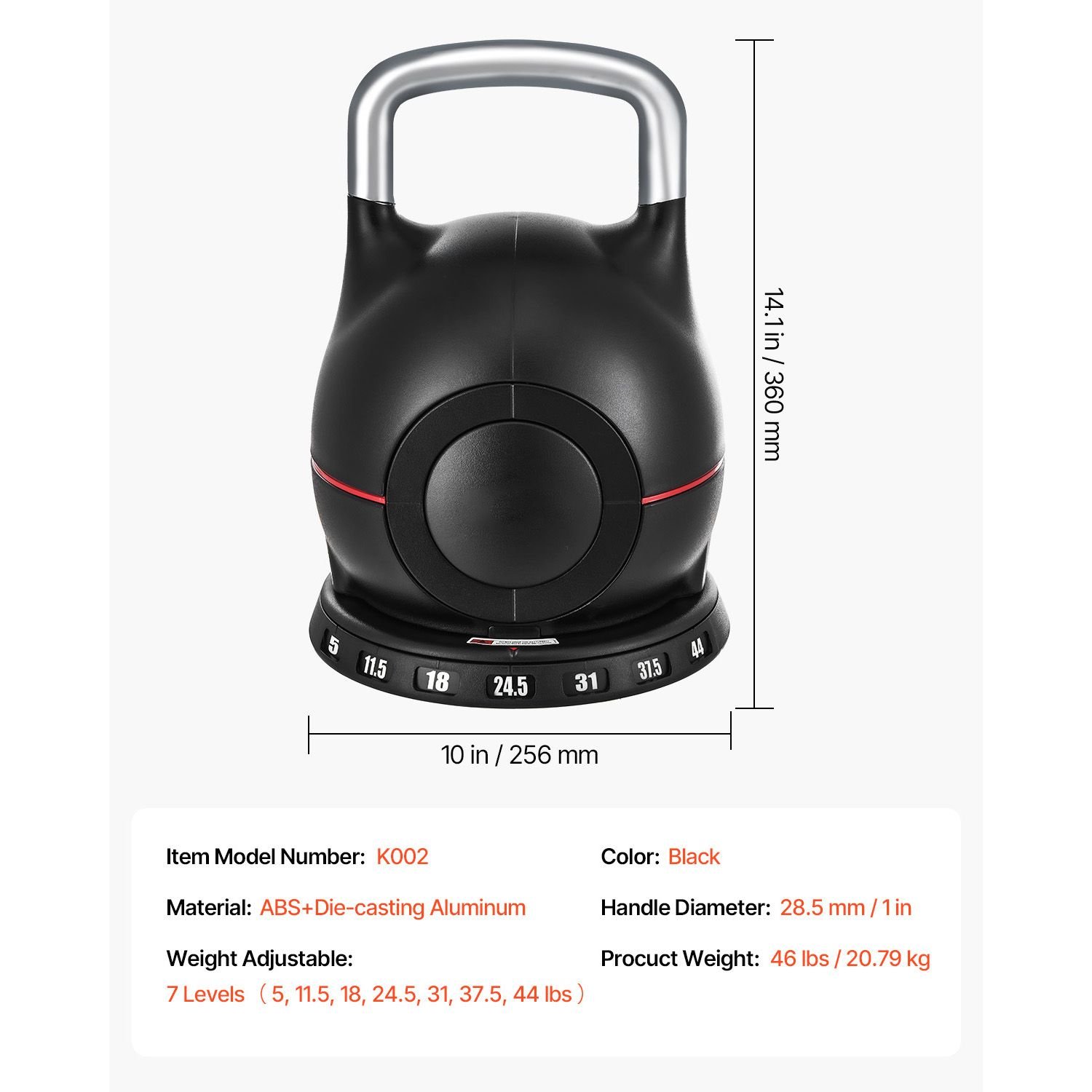 Kettlebell, Adjustable Kettlebell with 7 Weight Levels (5, 11.5, 18, 24.5, 31, 37.5, 44 lbs), Die-Cast Aluminum and ABS Material, for Grip Strength Training, Full-body Workout & Cross-Training - Image 9