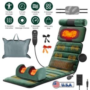 Advanced Version Full Body Electric Massage Mat Heating Vibration Massage Pad Cushion Back Massage Mattress Chair Pad with Neck Foot Massage Head Pillow and Cloth Lumbar Pillow Timer Anti-Slip Bottom