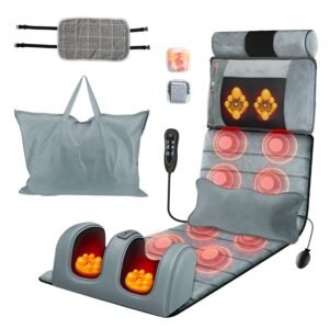 Full Body Electric Massage Mat Heating Vibration Massage Pad Cushion Back Massage Mattress Chair Pad with Neck Foot Massage Head Pillow and Cloth Lumbar Pillow Timer Anti-Slip Bottom Earplugs