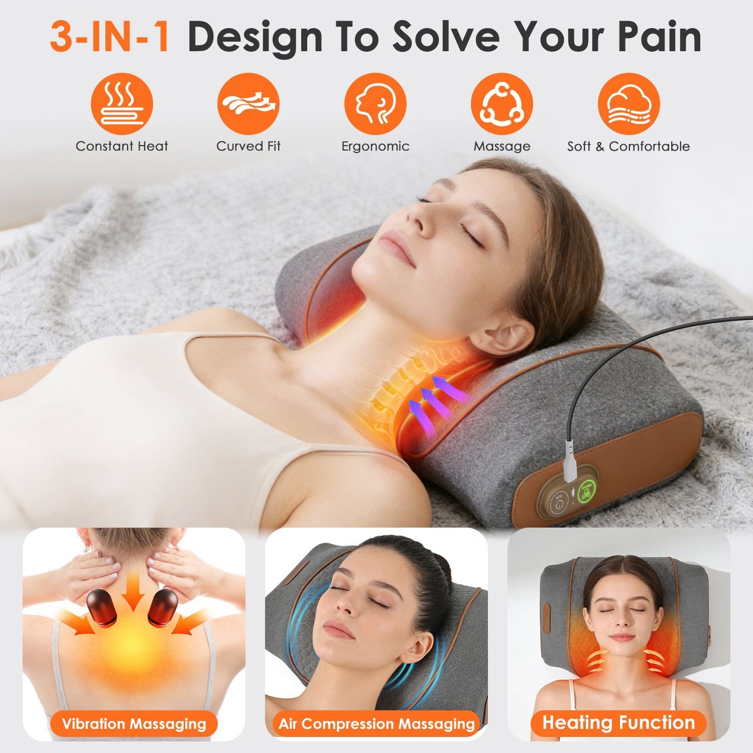 3-in-1 Neck Massager Pillow Ergonomic Massager with Heating Vibration Air Compression 30Min Timer for Neck Back Shoulder Pain Relief - Image 4