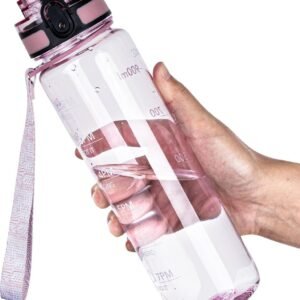 Water Bottle, 32oz Motivational Sports Water Bottle with Time Marker - Times to Drink - Tritan, BPA Free, Wide Mouth Leakproof, Anniversary Birthday Gifts for Men Women, Clear Pink
