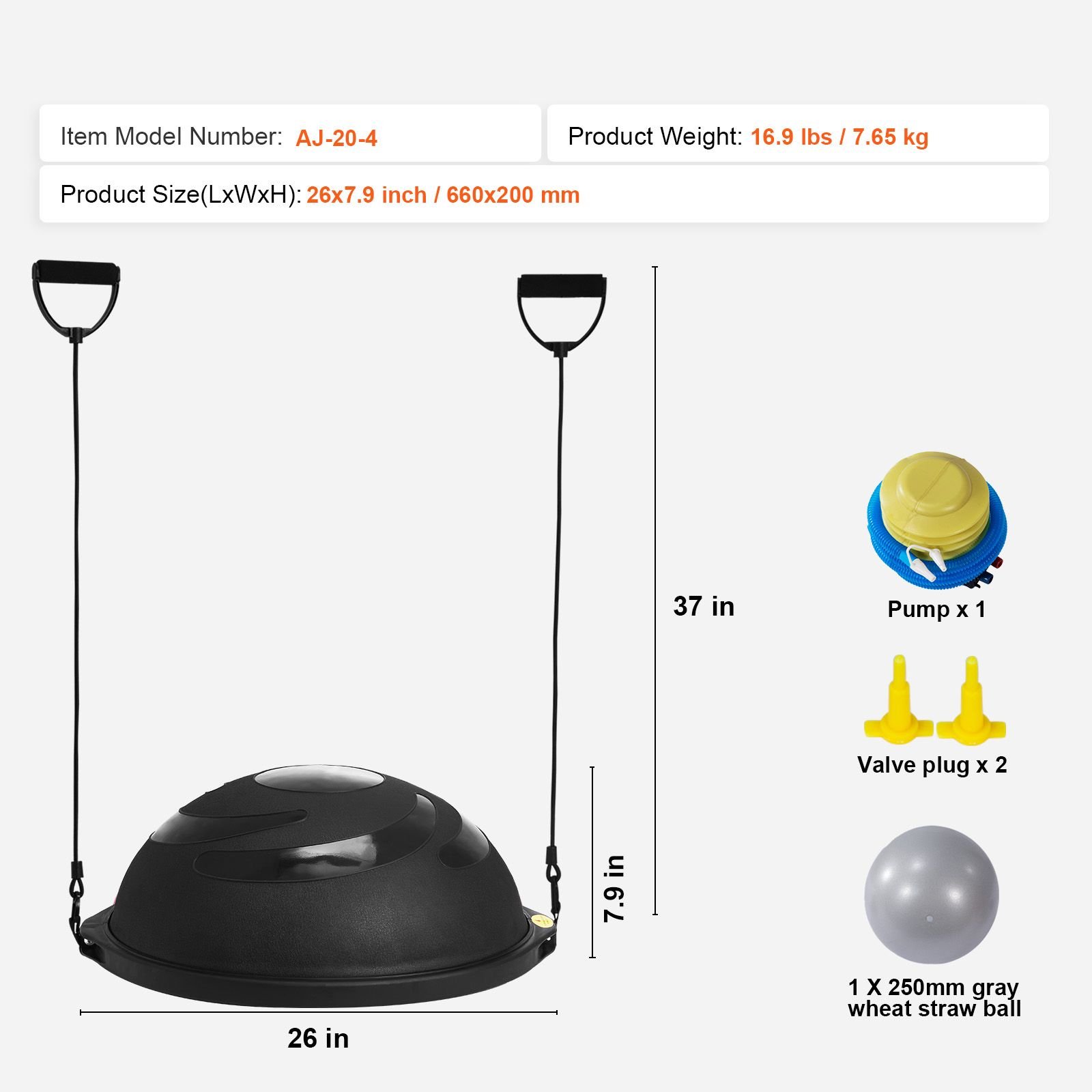 Half Exercise Ball Trainer, 26 inch Balance Ball Trainer, 1500lbs Capacity Stability Ball, Yoga Ball with Resistance Bands & Foot Pump, Strength Fitness Ball for Home Gym Full Body Workout Black - Image 7