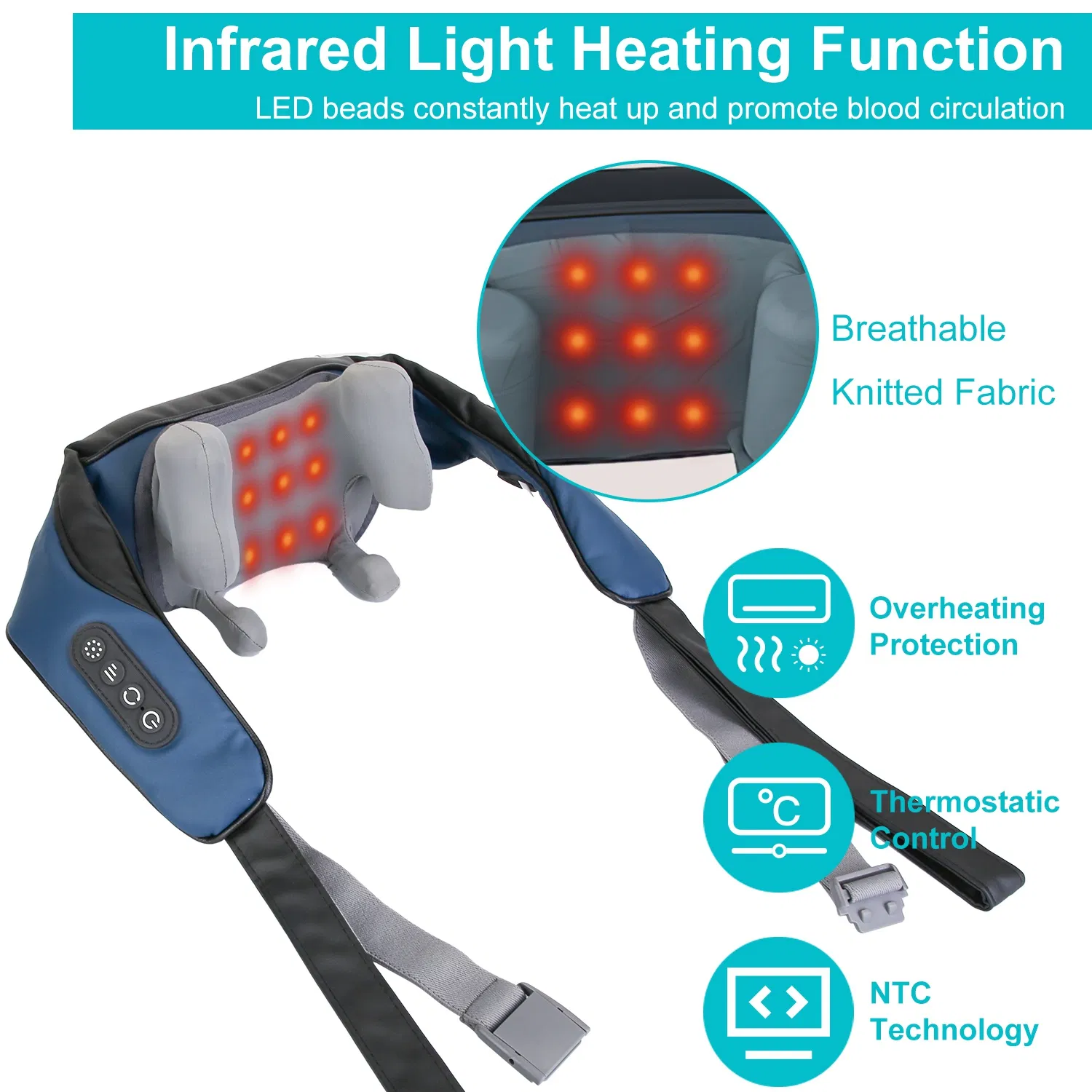 Electric Neck Shoulder Massager with Infrared Light Heating 3 Massage Modes Speeds Kneading Grasping Shiatsu Massage Pillow For Back Arms Thighs Release Pain - Image 3