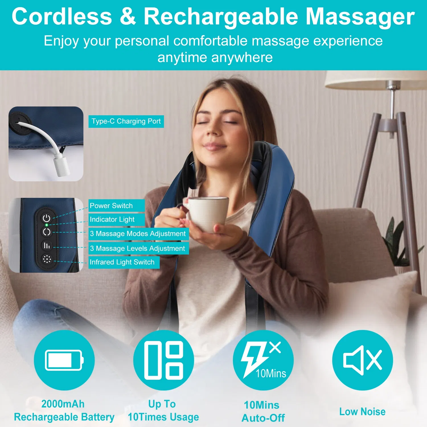 Electric Neck Shoulder Massager with Infrared Light Heating 3 Massage Modes Speeds Kneading Grasping Shiatsu Massage Pillow For Back Arms Thighs Release Pain - Image 5