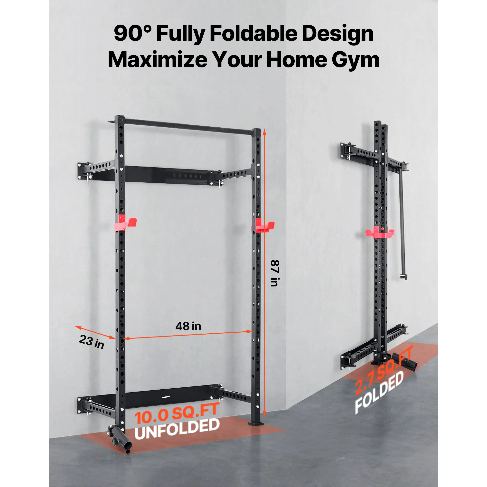 Folding Power Cage, Wall-Mounted Power Rack Squat Rack, Multifunctional Strength Training Workout Equipment with Landmine Holder, Adjustable J-Hooks & Pull-Up Bar for Home Gym, 1000LBS Capacity - Image 2