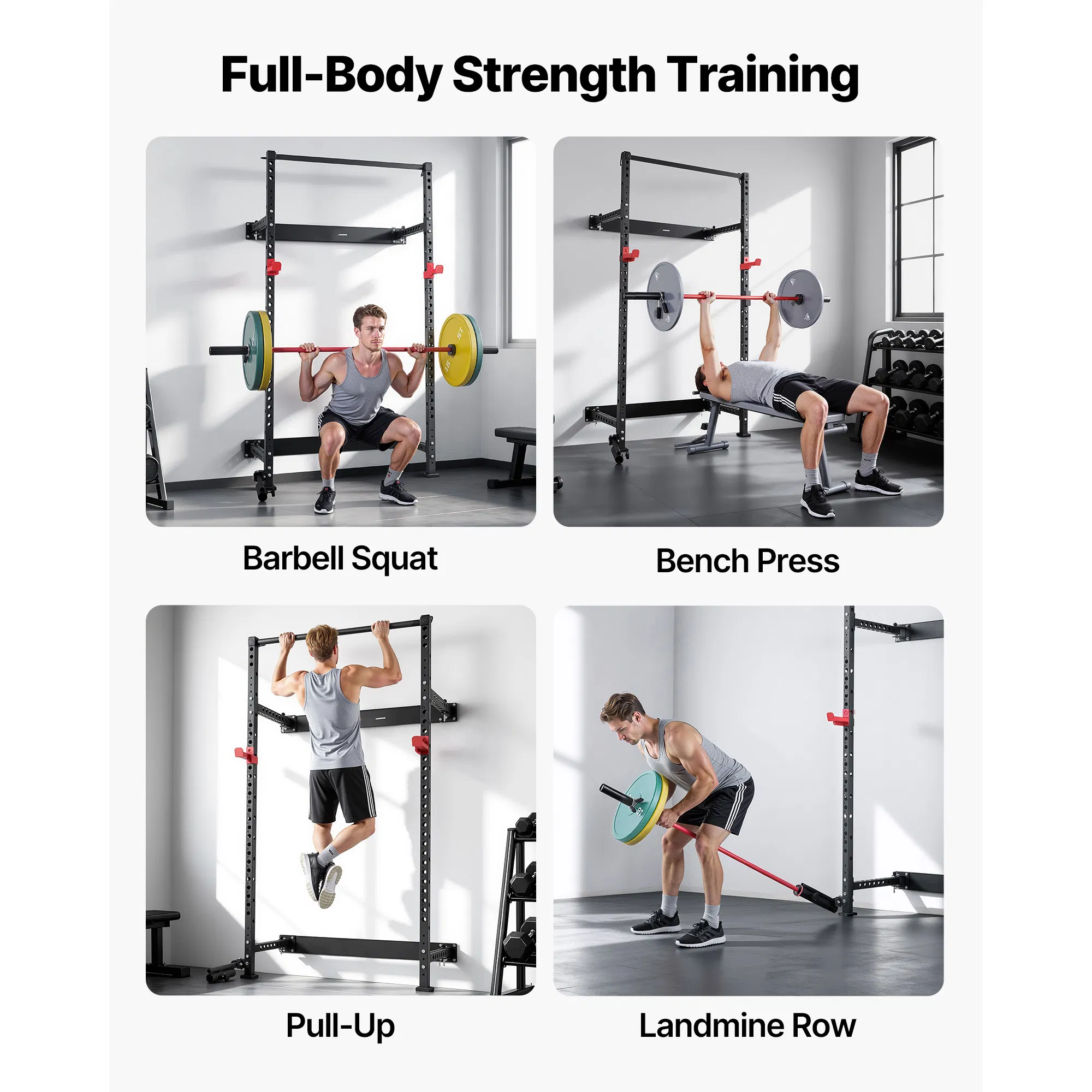 Folding Power Cage, Wall-Mounted Power Rack Squat Rack, Multifunctional Strength Training Workout Equipment with Landmine Holder, Adjustable J-Hooks & Pull-Up Bar for Home Gym, 1000LBS Capacity - Image 3