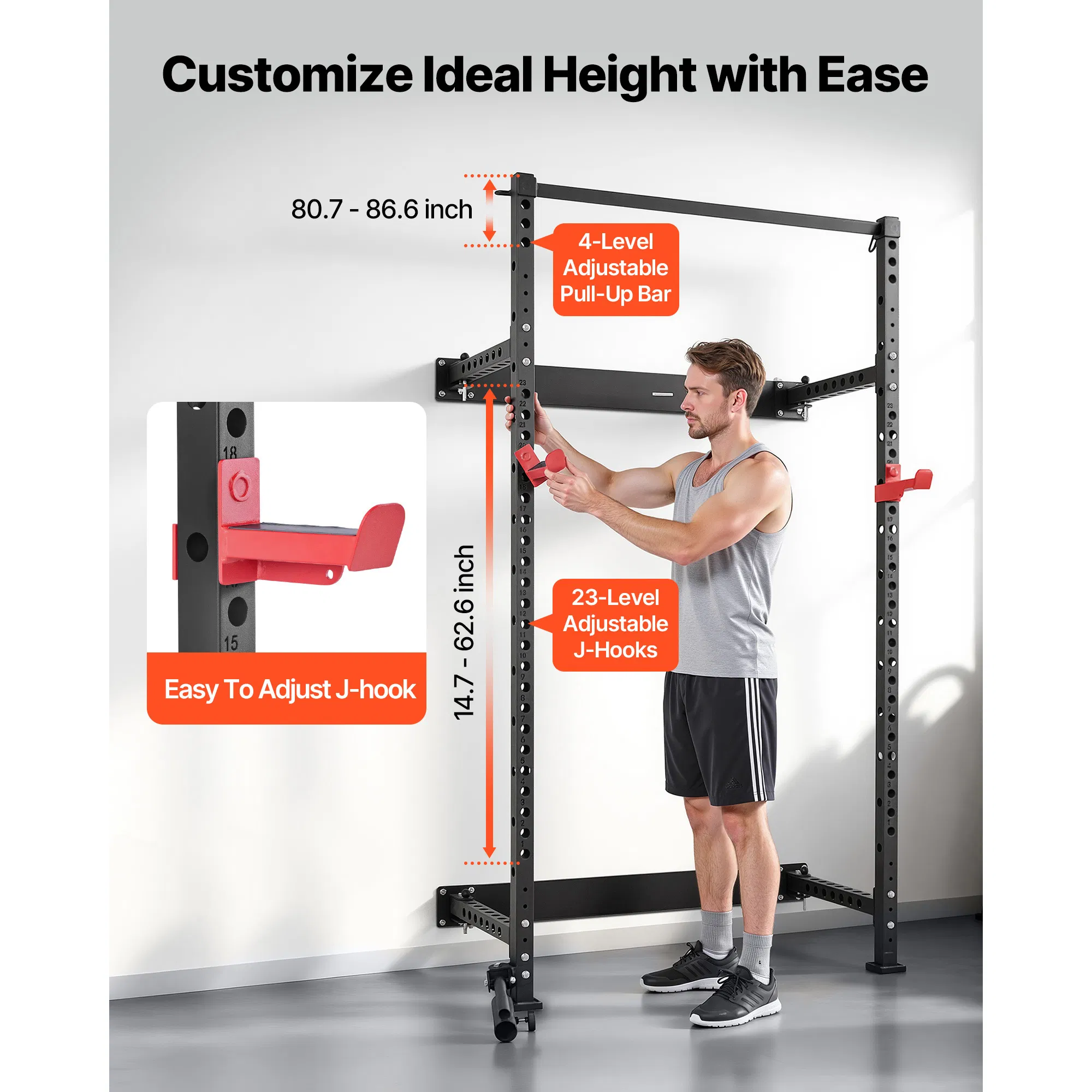 Folding Power Cage, Wall-Mounted Power Rack Squat Rack, Multifunctional Strength Training Workout Equipment with Landmine Holder, Adjustable J-Hooks & Pull-Up Bar for Home Gym, 1000LBS Capacity - Image 5