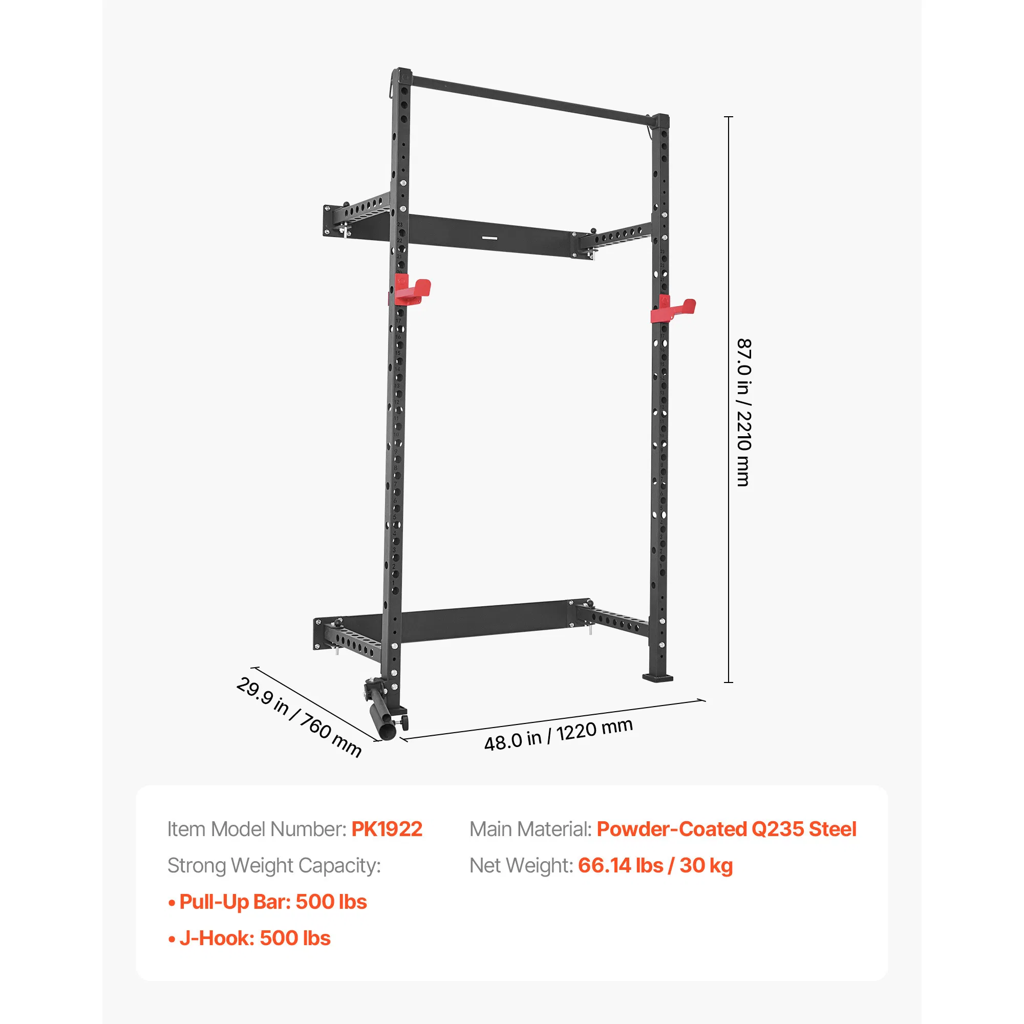 Folding Power Cage, Wall-Mounted Power Rack Squat Rack, Multifunctional Strength Training Workout Equipment with Landmine Holder, Adjustable J-Hooks & Pull-Up Bar for Home Gym, 1000LBS Capacity - Image 7