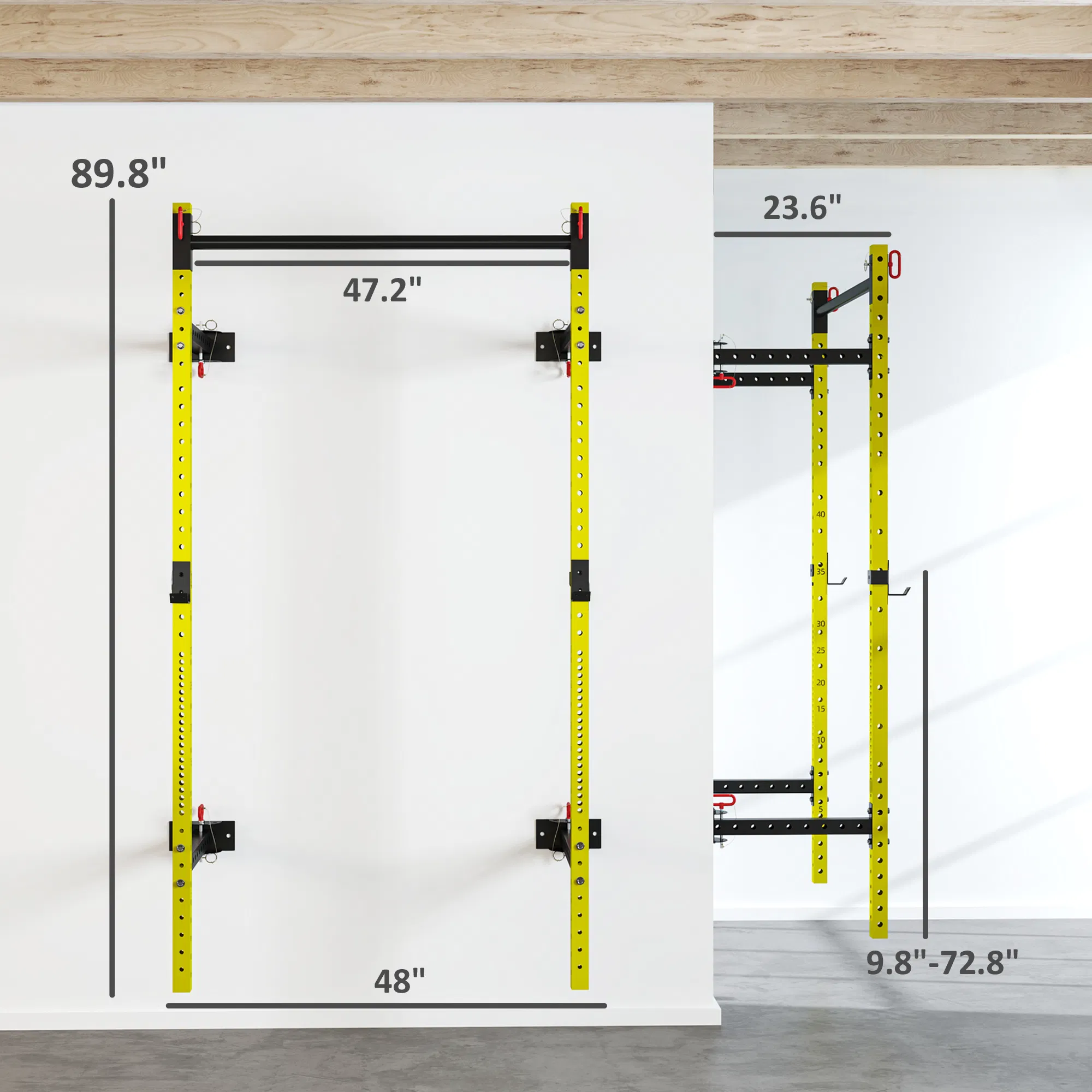 Folding Squat Rack with Pull Up Bar, Wall Mounted and Adjustable, 1000 Pounds Capacity Power Rack, Yellow - Image 3