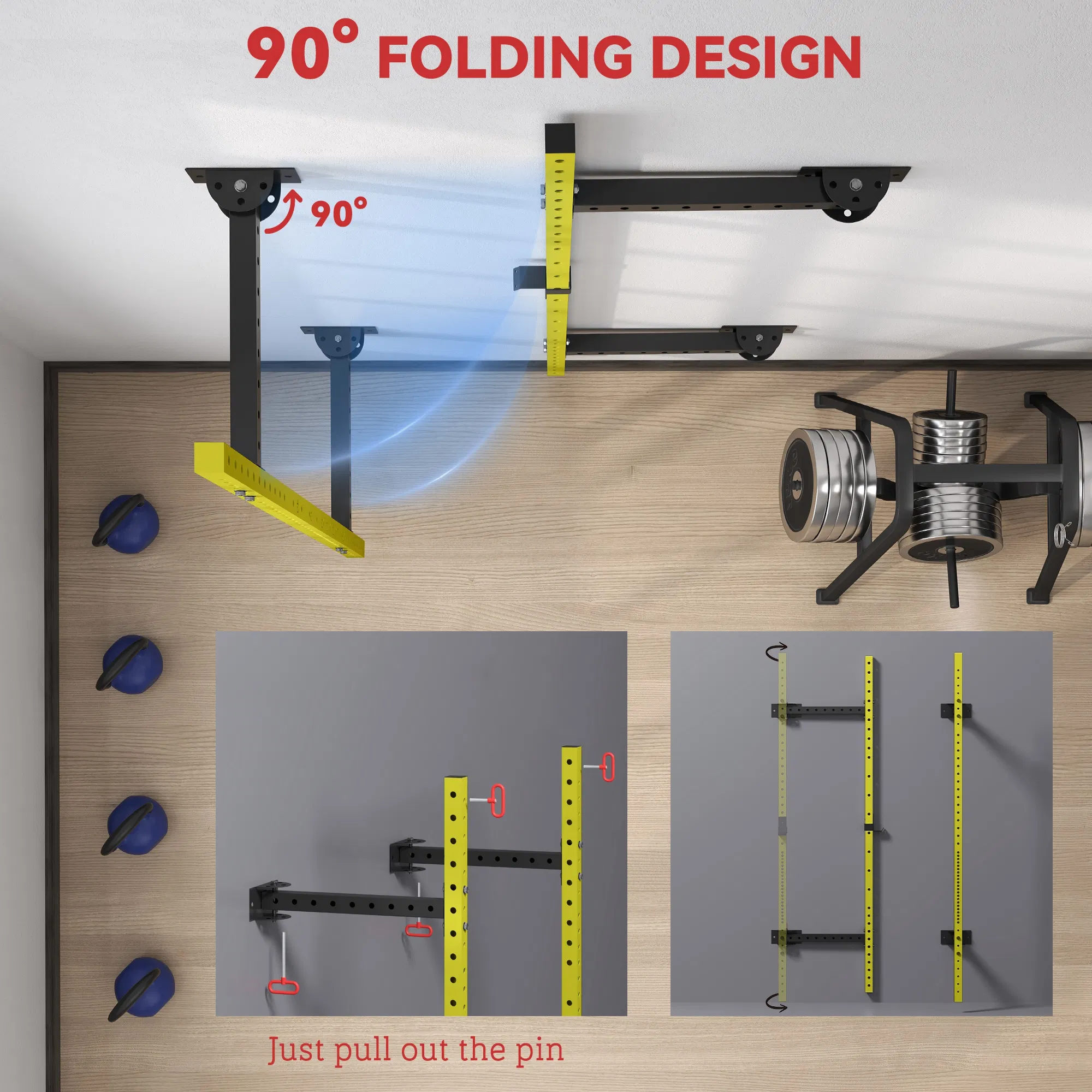 Folding Squat Rack with Pull Up Bar, Wall Mounted and Adjustable, 1000 Pounds Capacity Power Rack, Yellow - Image 4
