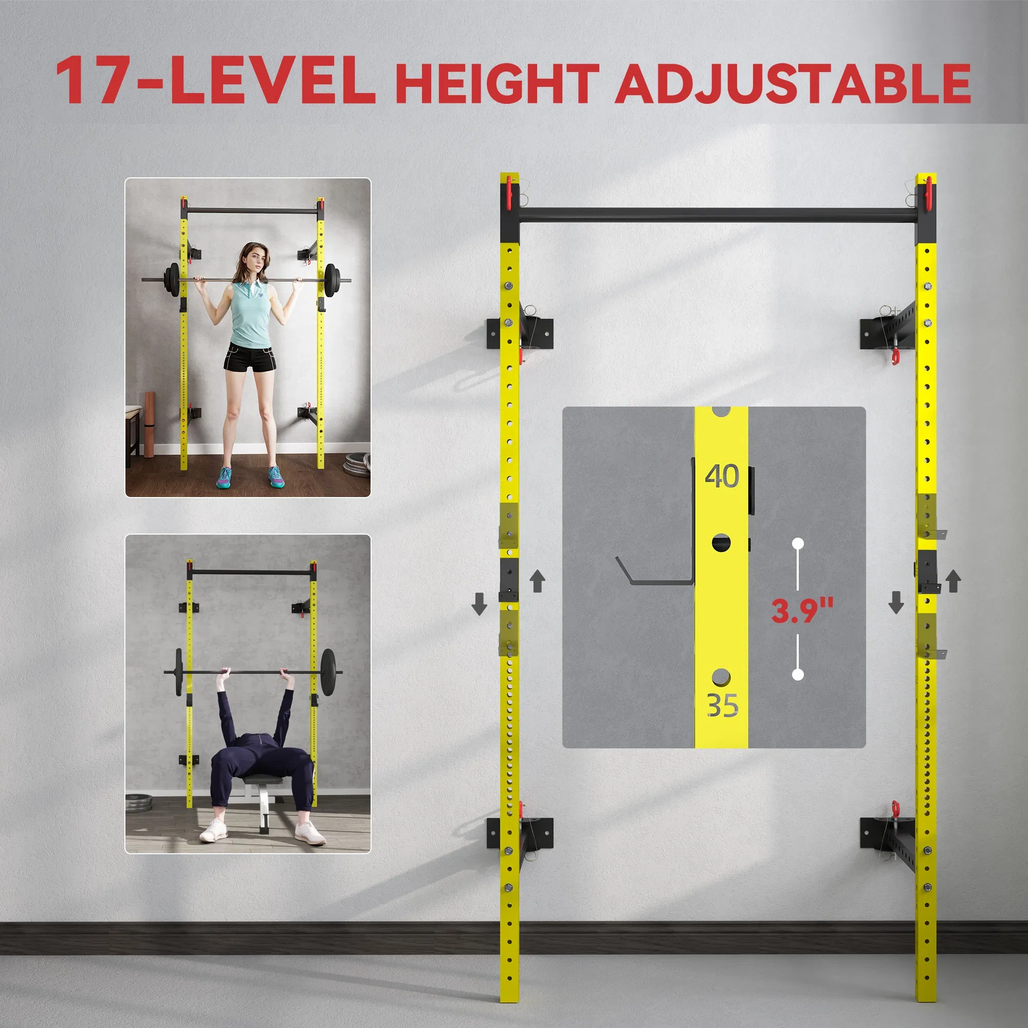 Folding Squat Rack with Pull Up Bar, Wall Mounted and Adjustable, 1000 Pounds Capacity Power Rack, Yellow - Image 5