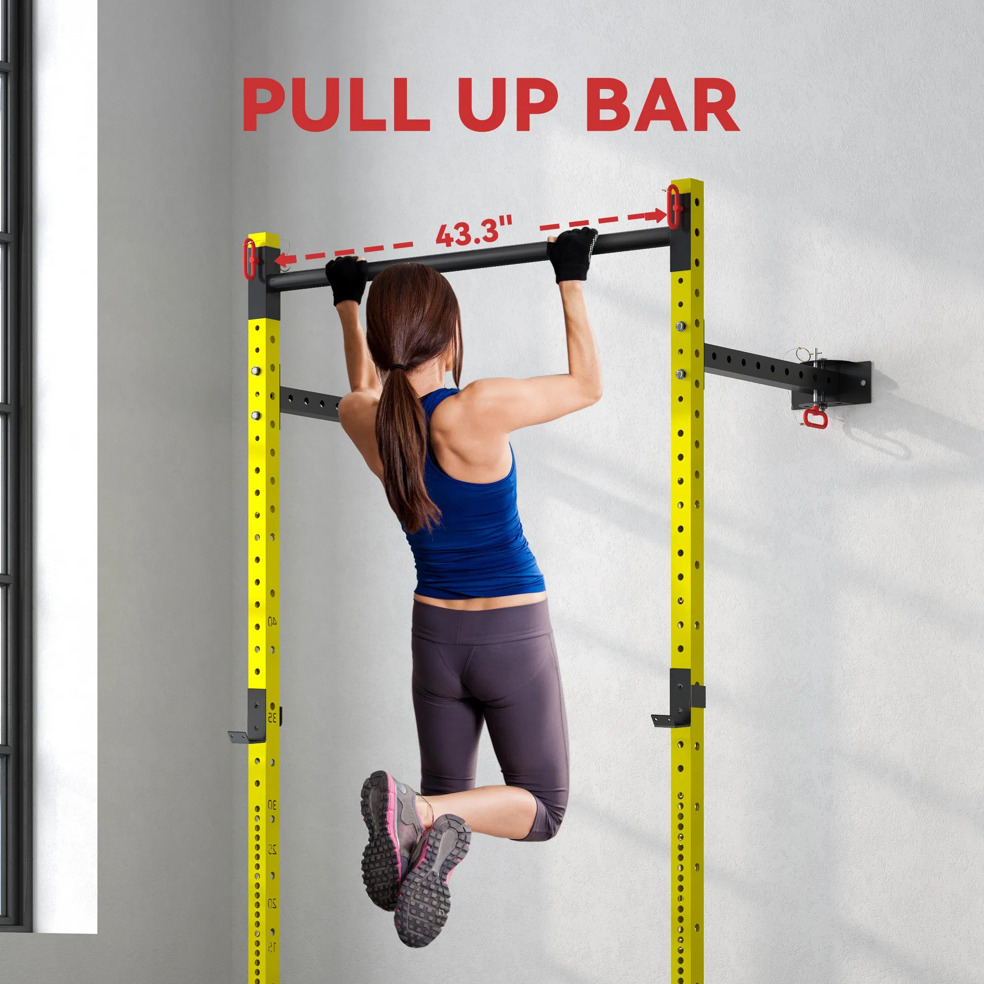 Folding Squat Rack with Pull Up Bar, Wall Mounted and Adjustable, 1000 Pounds Capacity Power Rack, Yellow - Image 6
