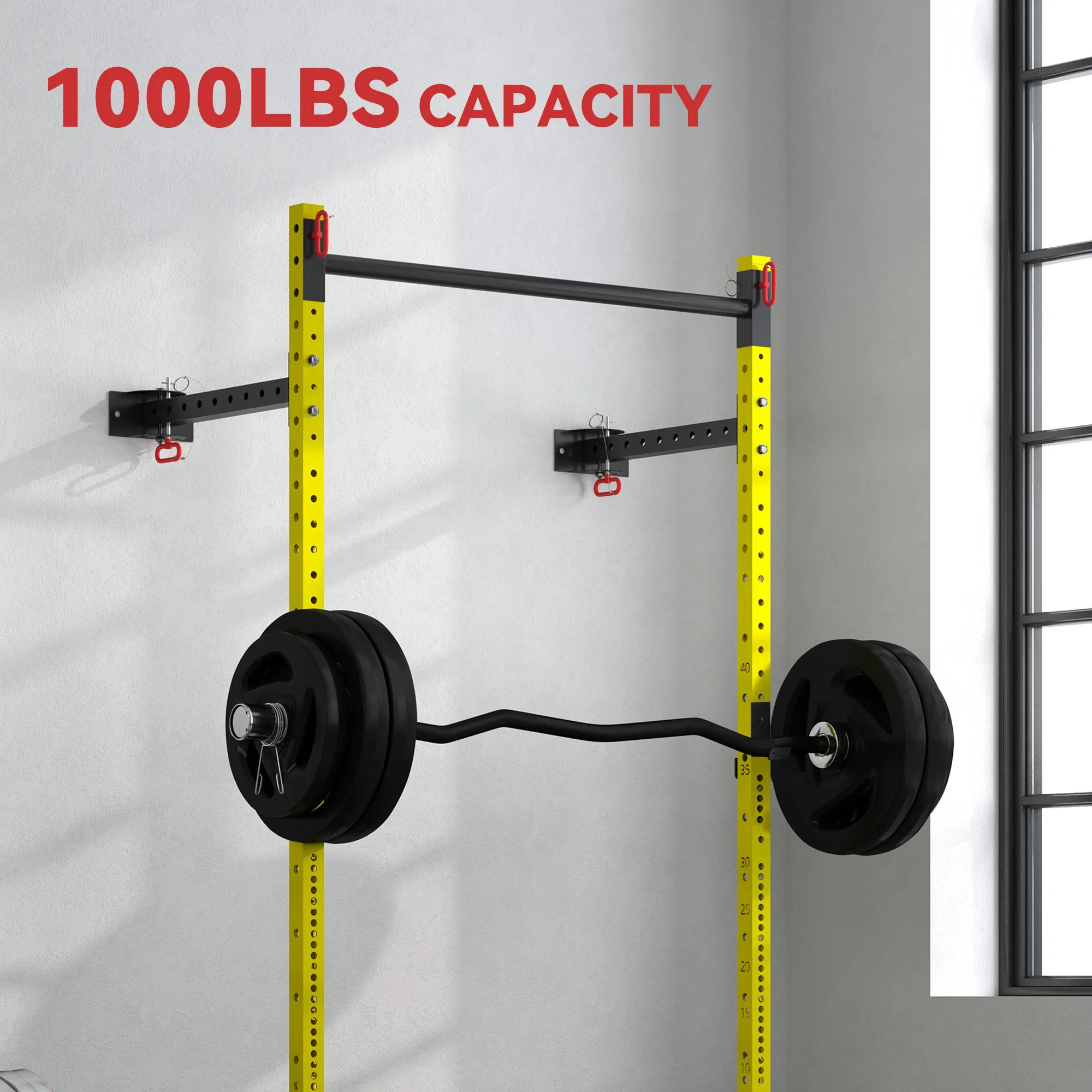 Folding Squat Rack with Pull Up Bar, Wall Mounted and Adjustable, 1000 Pounds Capacity Power Rack, Yellow - Image 7