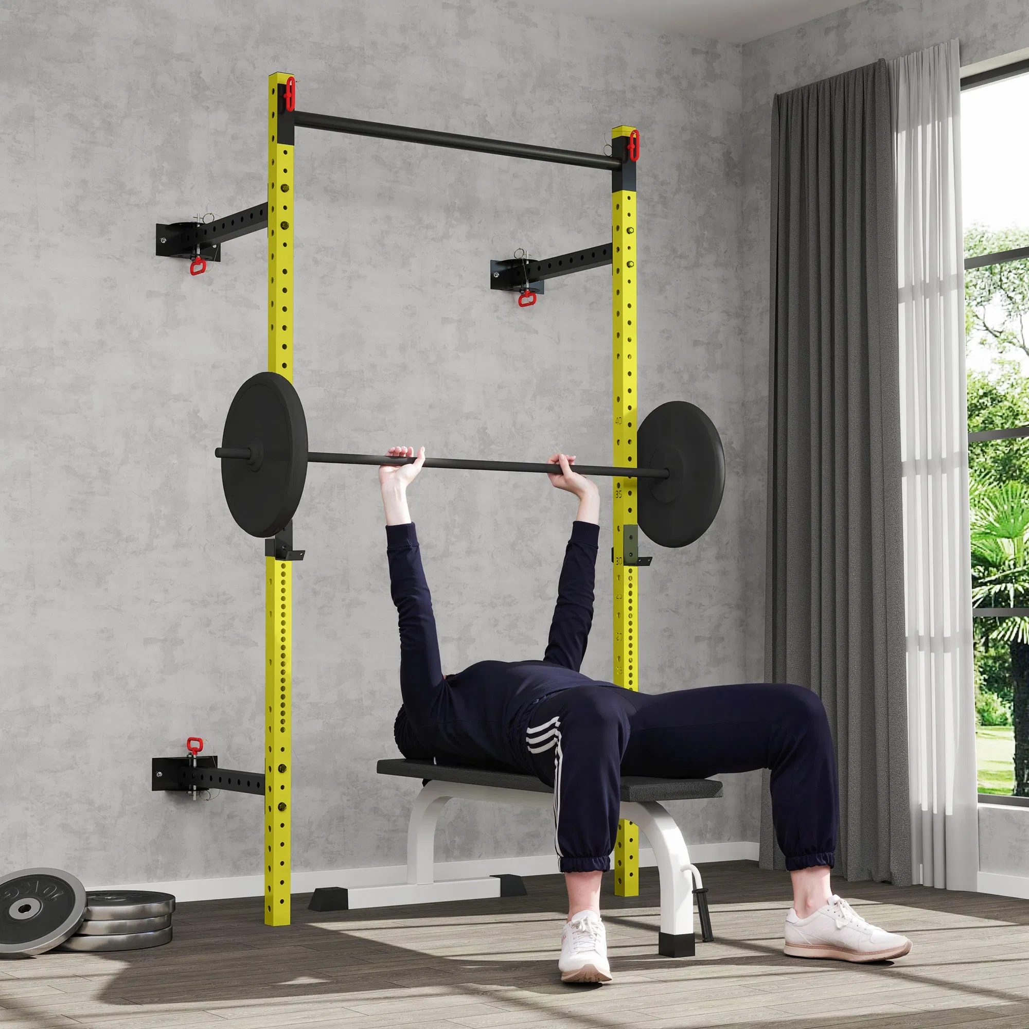 Folding Squat Rack with Pull Up Bar, Wall Mounted and Adjustable, 1000 Pounds Capacity Power Rack, Yellow - Image 10