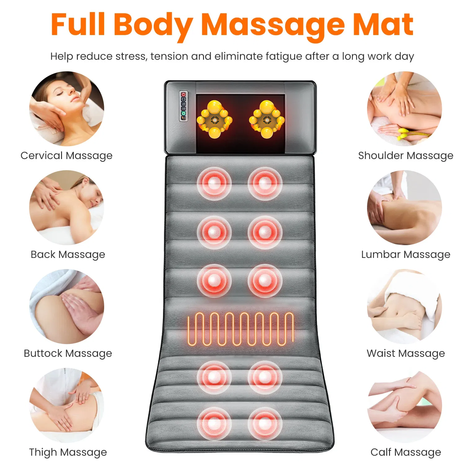 Full Body Electric Massage Mat with Heat Vibration Massage Pad Cushion Back Massage Mattress Chair Pad with Neck Massage Pillow with 10 Vibration Motors Timer - Image 2