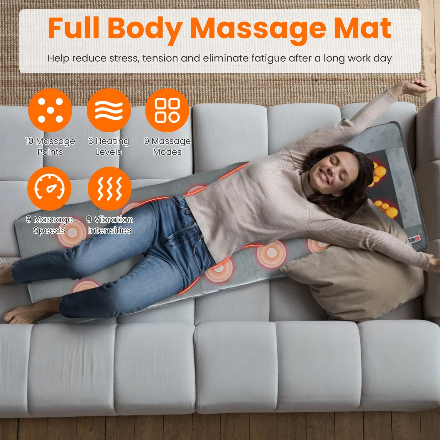 Full Body Electric Massage Mat with Heat Vibration Massage Pad Cushion Back Massage Mattress Chair Pad with Neck Massage Pillow with 10 Vibration Motors Timer - Image 3