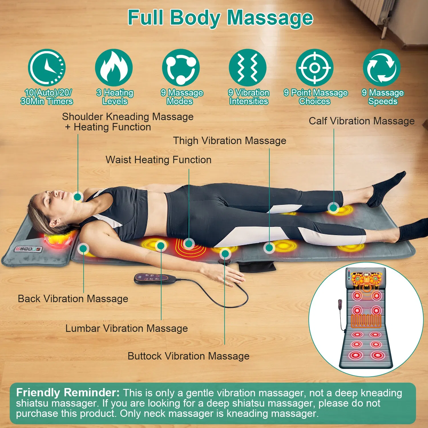 Full Body Electric Massage Mat with Heat Vibration Massage Pad Cushion Back Massage Mattress Chair Pad with Neck Massage Pillow with 10 Vibration Motors Timer Anti-Slip Bottom Earplugs - Image 2