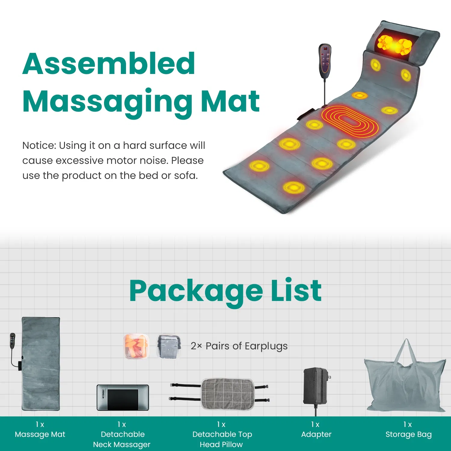 Full Body Electric Massage Mat with Heat Vibration Massage Pad Cushion Back Massage Mattress Chair Pad with Neck Massage Pillow with 10 Vibration Motors Timer Anti-Slip Bottom Earplugs - Image 15