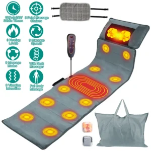 Full Body Electric Massage Mat with Heat Vibration Massage Pad Cushion Back Massage Mattress Chair Pad with Neck Massage Pillow with 10 Vibration Motors Timer Anti-Slip Bottom Earplugs