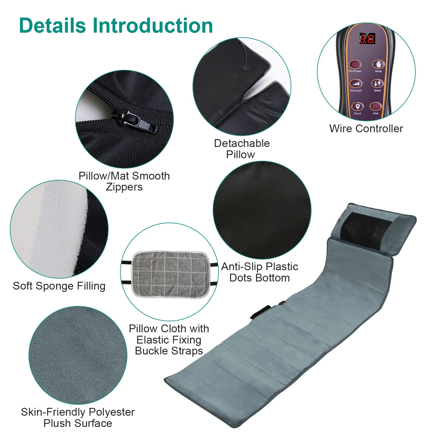 Full Body Electric Massage Mat with Heat Vibration Massage Pad Cushion Back Massage Mattress Chair Pad with Neck Massage Pillow with 10 Vibration Motors Timer Anti-Slip Bottom Earplugs - Image 5