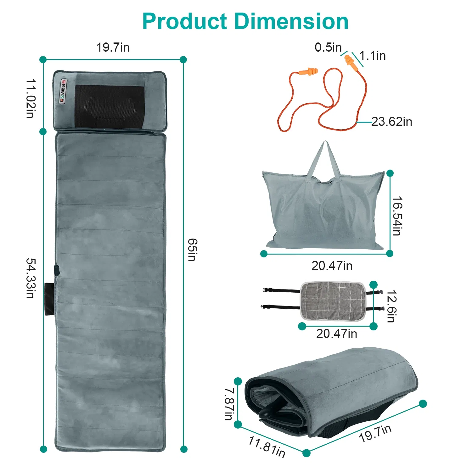 Full Body Electric Massage Mat with Heat Vibration Massage Pad Cushion Back Massage Mattress Chair Pad with Neck Massage Pillow with 10 Vibration Motors Timer Anti-Slip Bottom Earplugs - Image 7