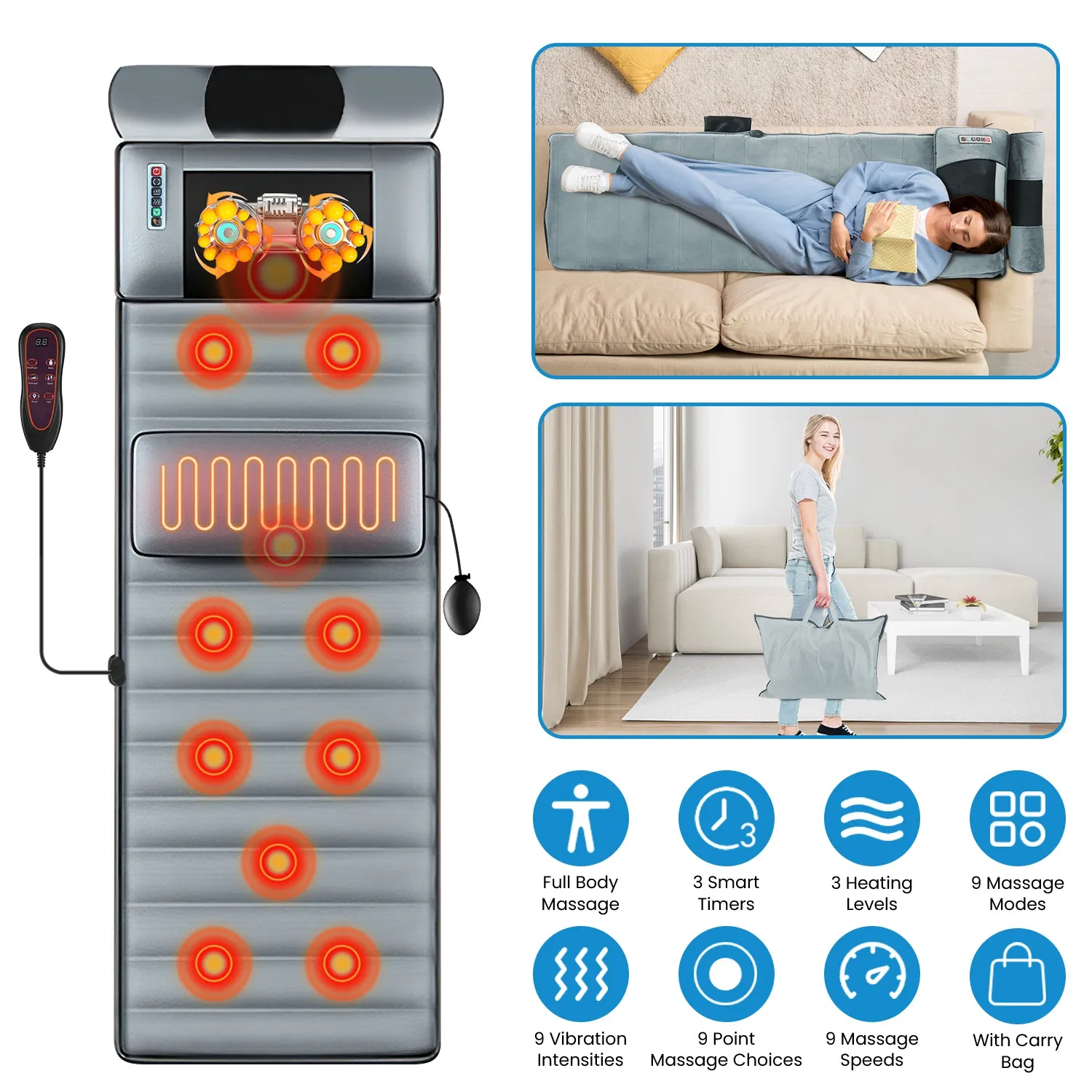 Full Body Electric Massage Mat with Heat Vibration Massage Pad Cushion Back Massage Mattress Chair Pad with Neck Massager Lumbar Pillow with 10 Vibration Motors 3 Timers - Image 3