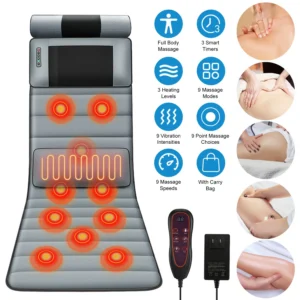Full Body Electric Massage Mat with Heat Vibration Massage Pad Cushion Back Massage Mattress Chair Pad with Neck Massager Lumbar Pillow with 10 Vibration Motors 3 Timers