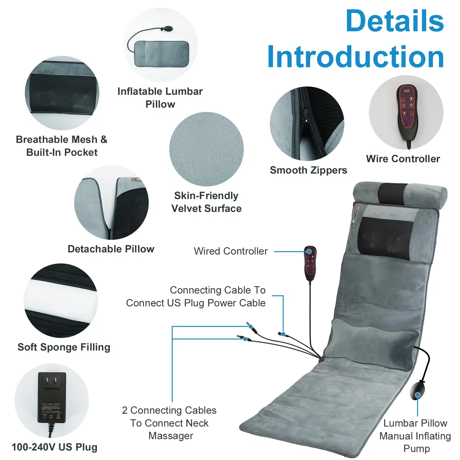 Full Body Electric Massage Mat with Heat Vibration Massage Pad Cushion Back Massage Mattress Chair Pad with Neck Massager Lumbar Pillow with 10 Vibration Motors 3 Timers - Image 6