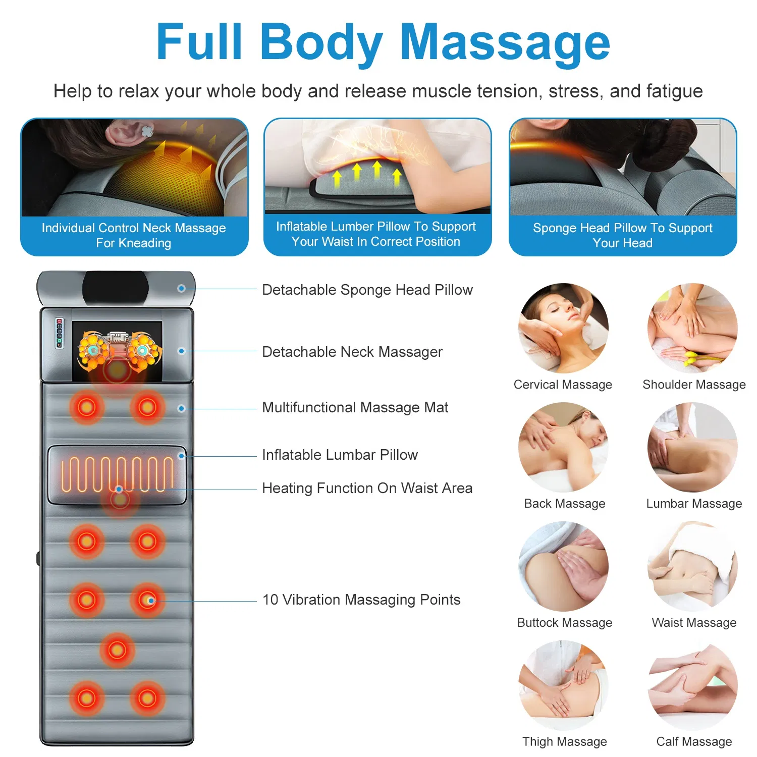 Full Body Electric Massage Mat with Heat Vibration Massage Pad Cushion Back Massage Mattress Chair Pad with Neck Massager Lumbar Pillow with 10 Vibration Motors 3 Timers - Image 7