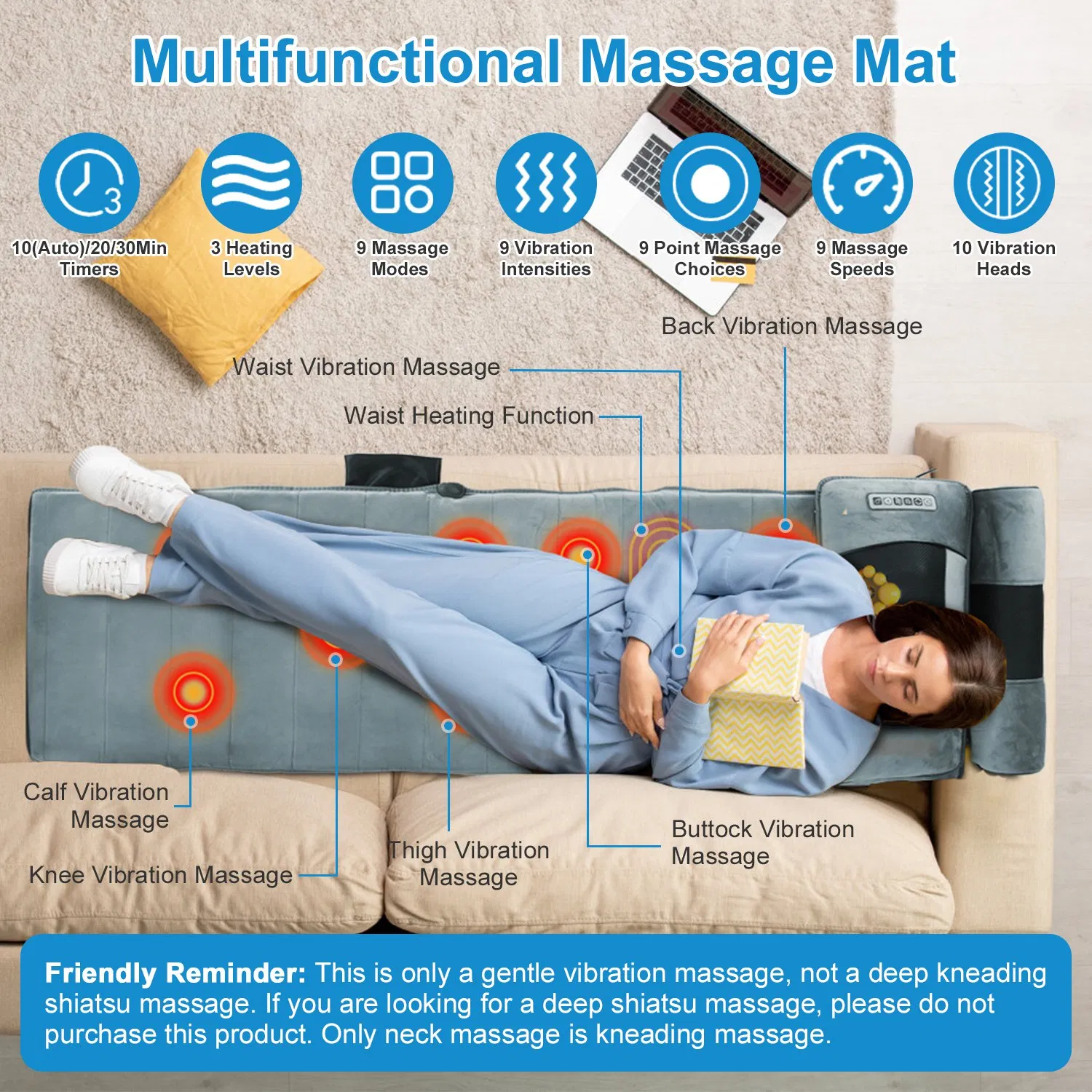 Full Body Electric Massage Mat with Heat Vibration Massage Pad Cushion Back Massage Mattress Chair Pad with Neck Massager Lumbar Pillow with 10 Vibration Motors 3 Timers - Image 9