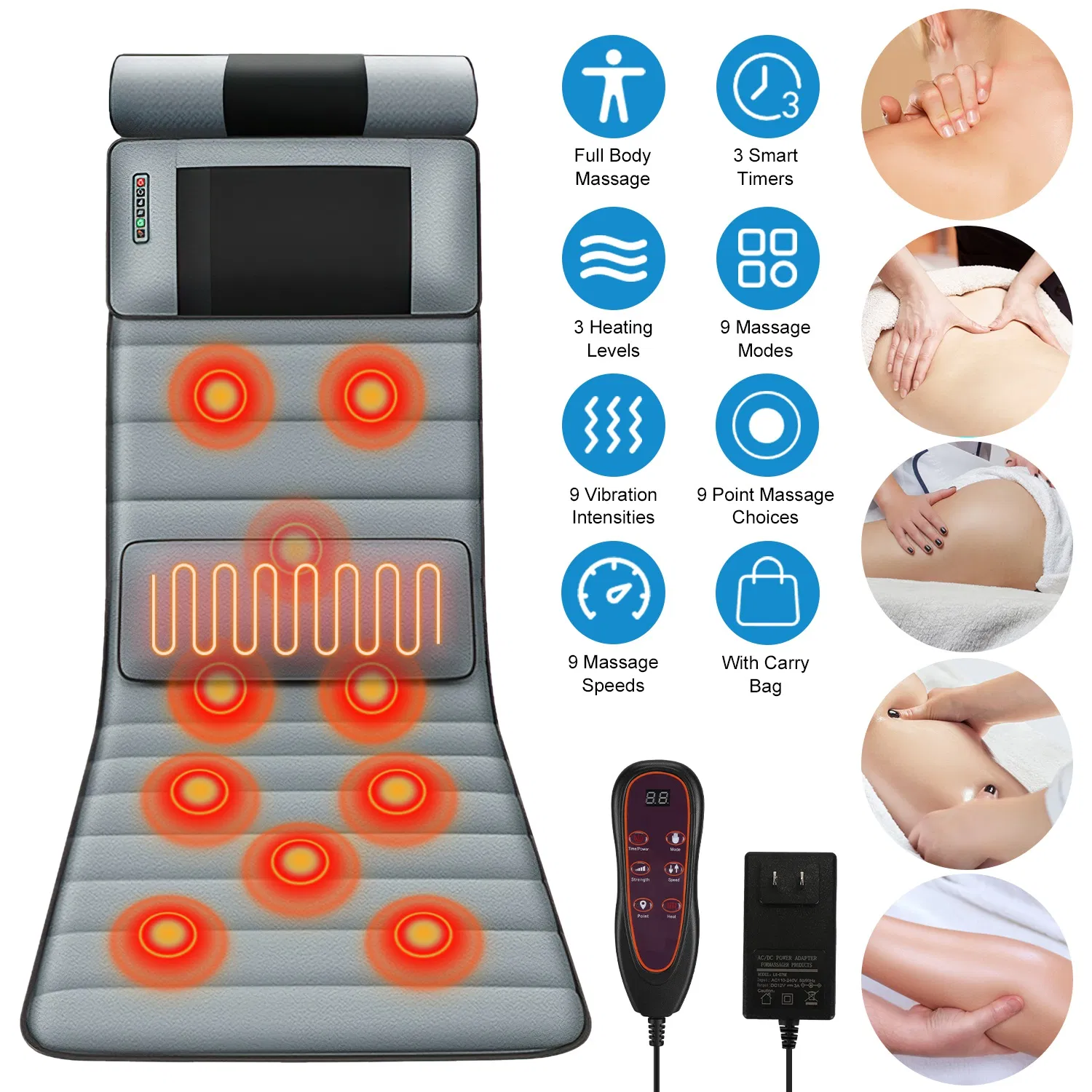 Full Body Electric Massage Mat with Heat Vibration Massage Pad Cushion Back Massage Mattress Chair Pad with Neck Massager Lumbar Pillow with 10 Vibration Motors 3 Timers