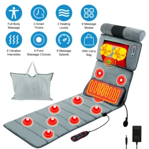 Full Body Massage Mat with Neck Massager - 10 Massage Points , 9 Vibration Modes & Intensities, 3-Level Lumbar Heat, 10-30min Timer, Inflatable Lumbar Pillow - Soft Plush Surface