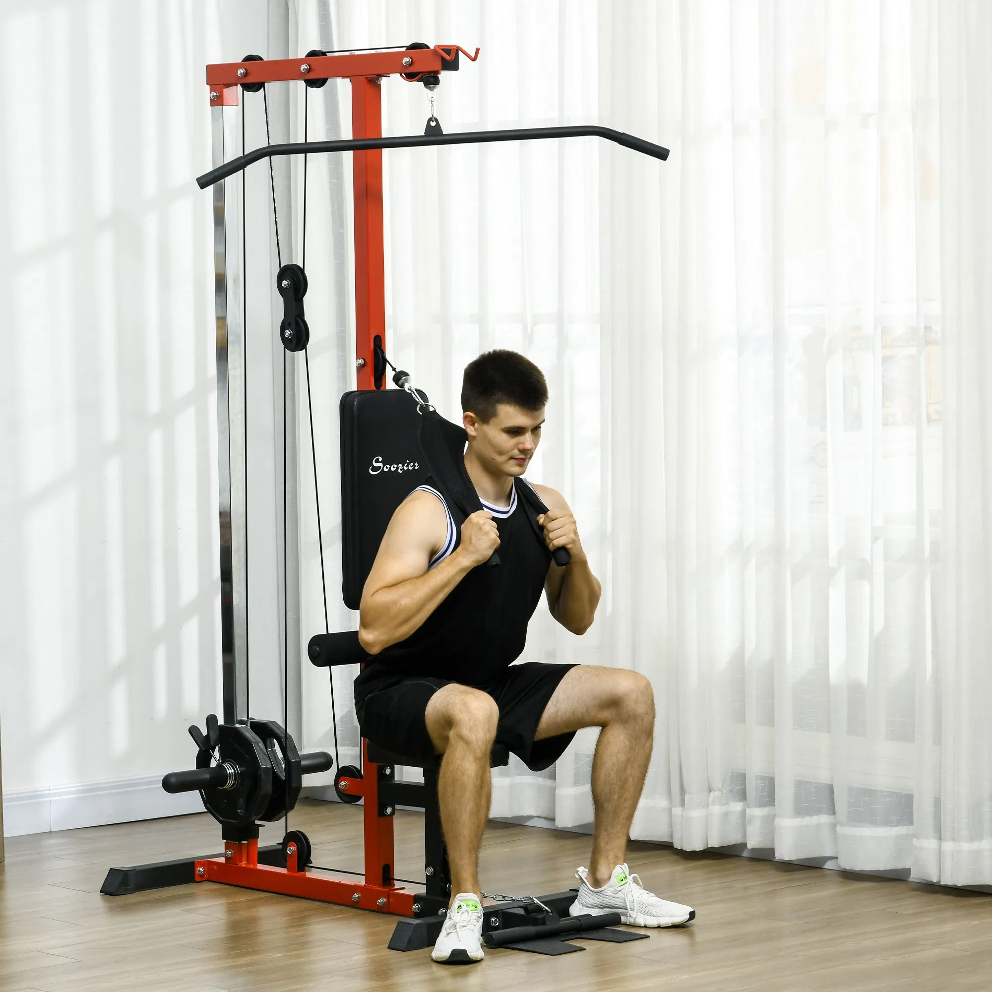Lat Pull Down Machine, High / Low Pulley Machine with Adjustable Seat and Flip-Up Footplate, Red - Image 2