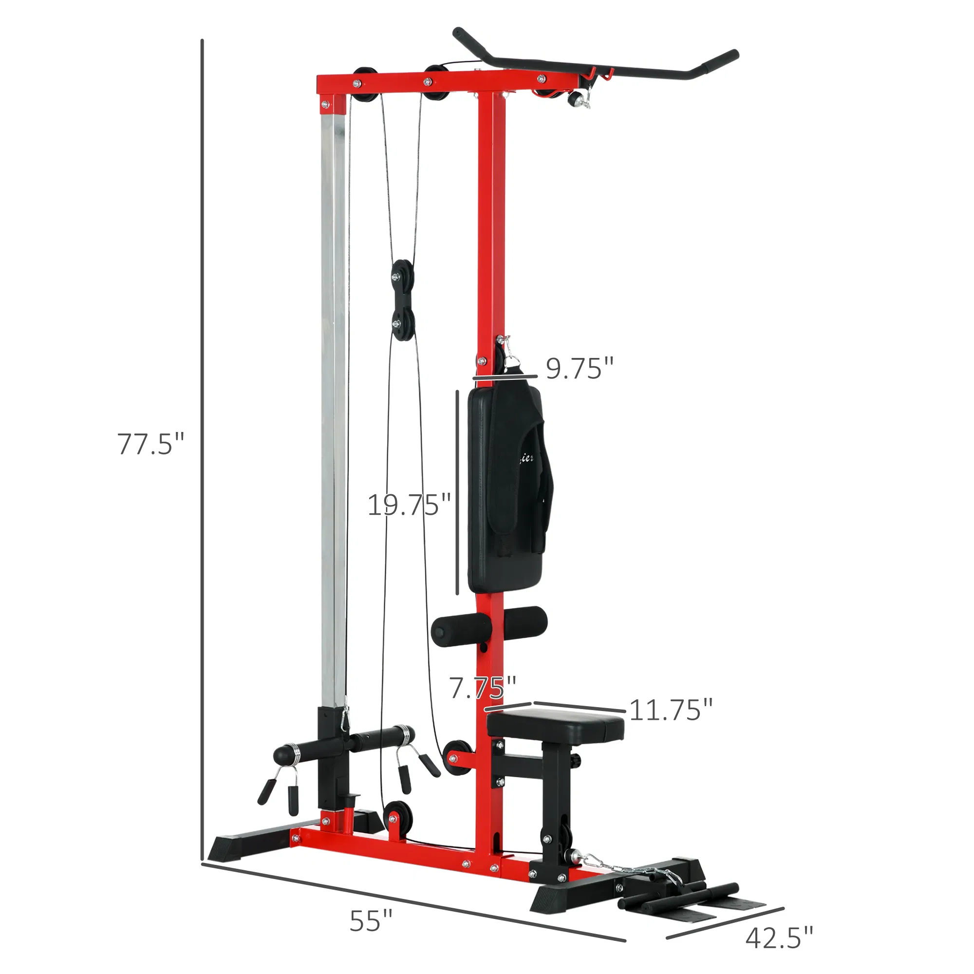 Lat Pull Down Machine, High / Low Pulley Machine with Adjustable Seat and Flip-Up Footplate, Red - Image 3
