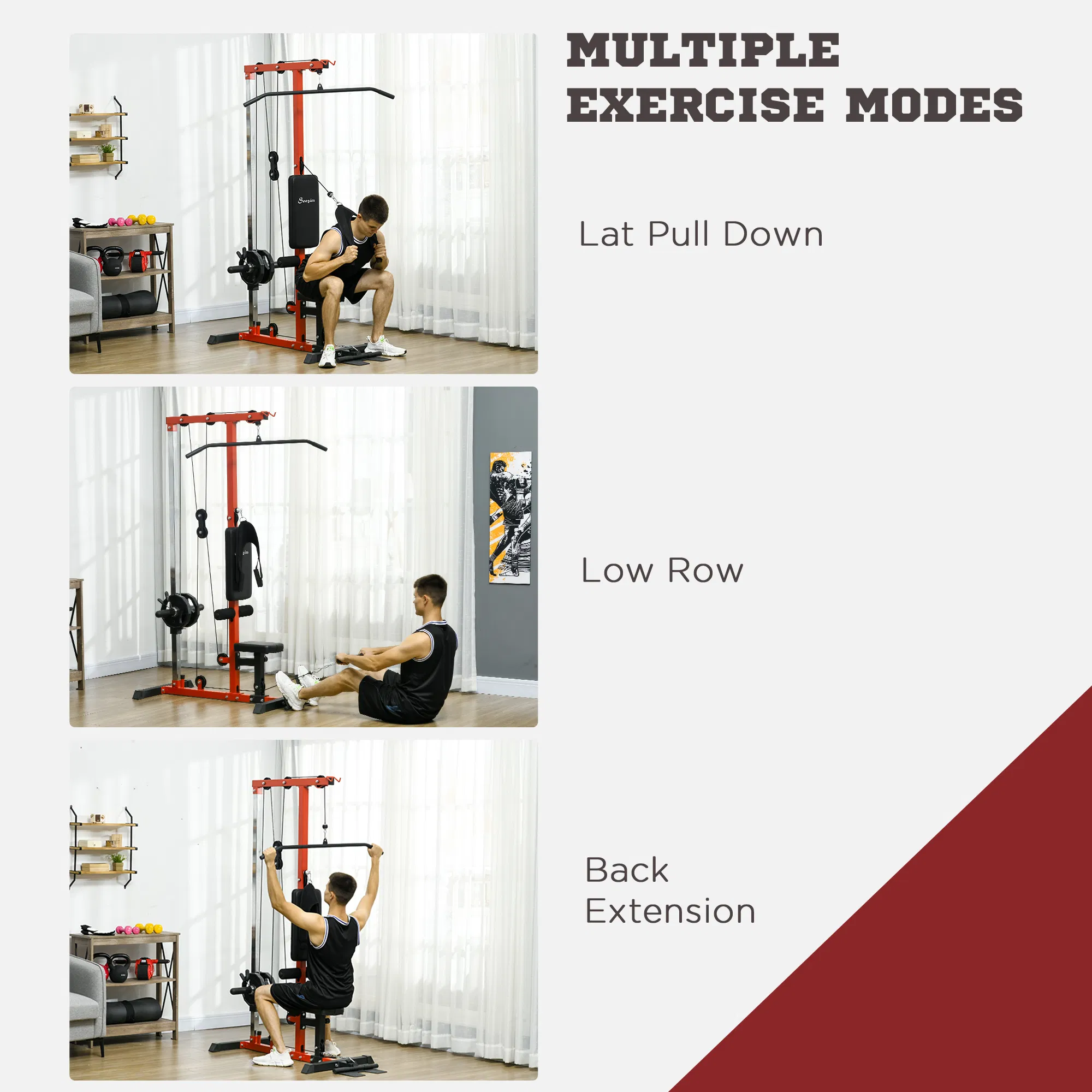 Lat Pull Down Machine, High / Low Pulley Machine with Adjustable Seat and Flip-Up Footplate, Red - Image 4