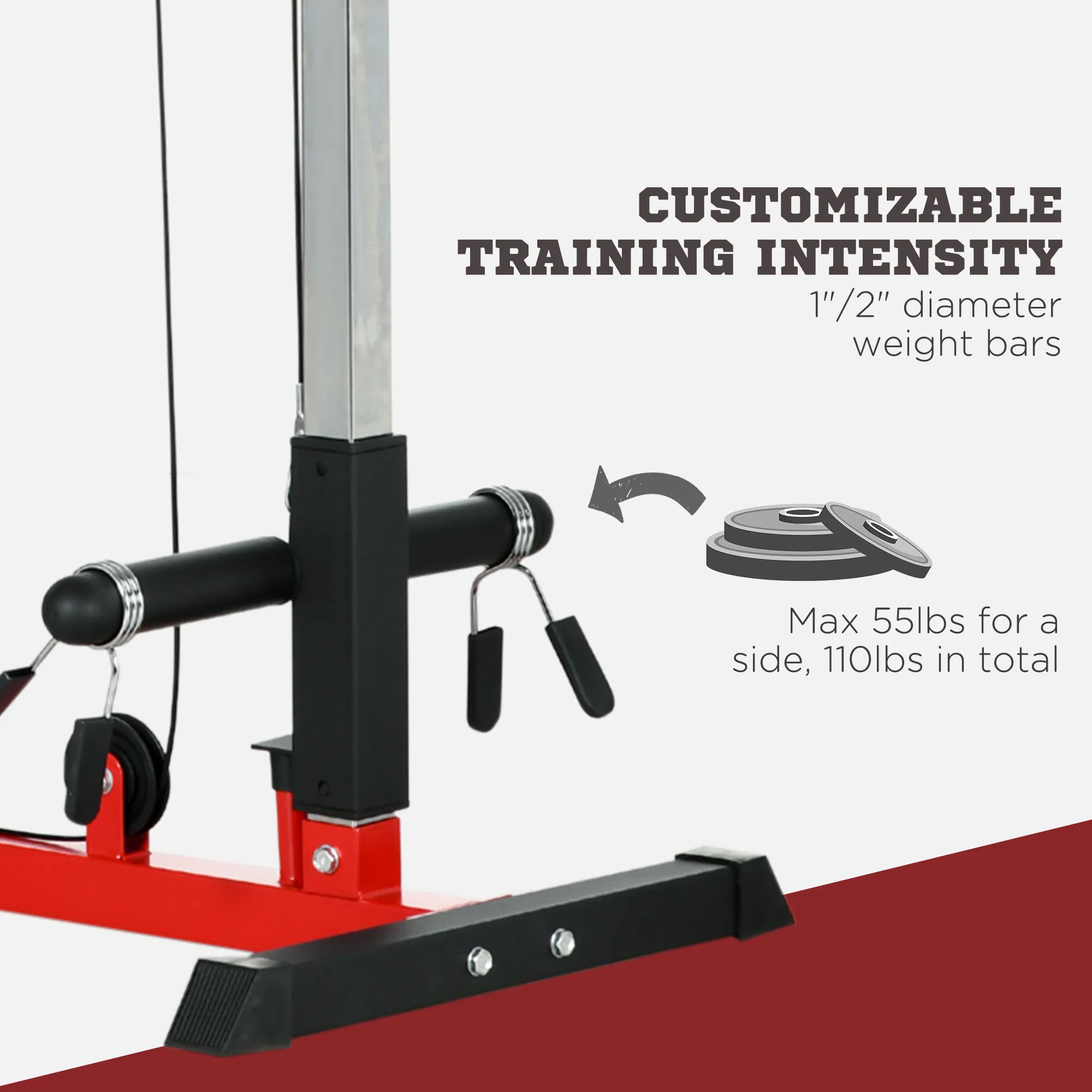 Lat Pull Down Machine, High / Low Pulley Machine with Adjustable Seat and Flip-Up Footplate, Red - Image 5